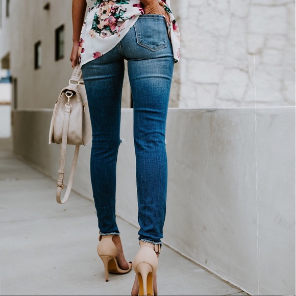 Distressed Denim Med Wash Ankle Skinny Jeans - Picture 7 of 10